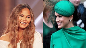 Collage with two photos. On the left is Chrissy Teigen smiling on a talk show, and the right is Meghan Markle at a royal event