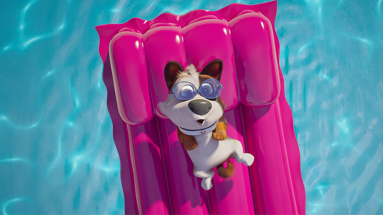still from the movie Dog Gone Trouble showing a puppy lying down on a floating pool lounger