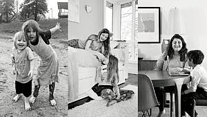 Triptych of photos of families. Photo on the left shows two siblings posing for a picture while playing outside. Photo in the centre shows two siblings talking to each other in a bedroom. The photo on the right shows a mother talking to her child at the dinner table while looking at a laptop.