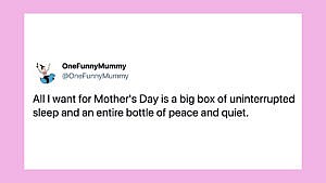 A mother's day meme that reads "All I want for Mother's Day is a big box of uninterrupted sleep and an entire bottle of peace and quiet"