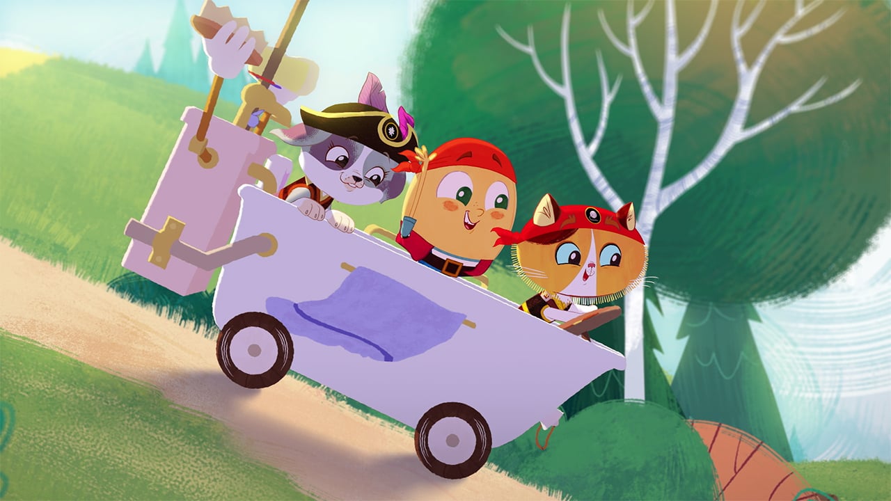 Still from Rhyme Time Town showing an animated dog, cat and egg riding down a hill in a bathtub cart