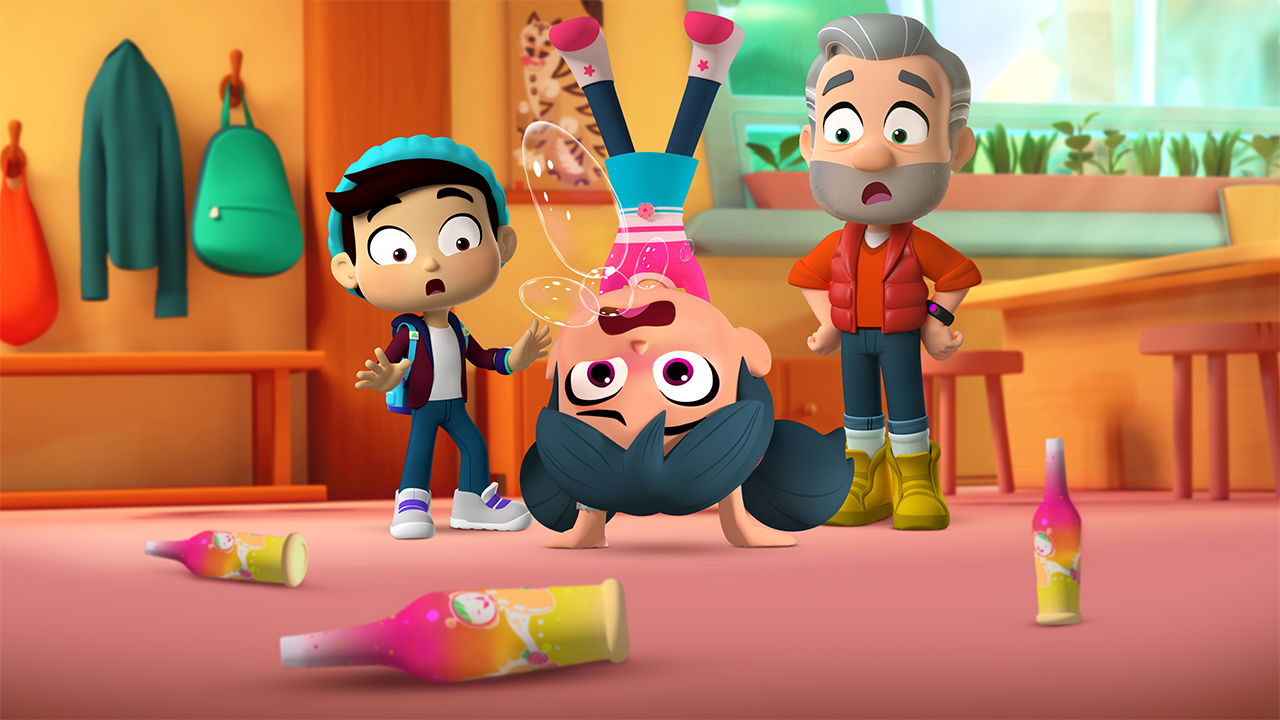 Still from StarBeam showing a girl doing a handstand while burping bubbles as a boy and a man watch looking worried