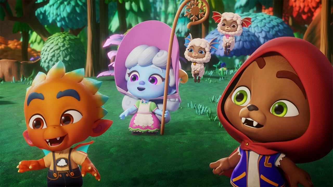Still from Super Monsters Once Upon A Rhyme showing the super monsters dressed up as nursery rhyme characters in the forest