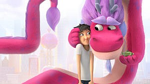Still from Wish Dragon showing a big pink dragon squishing its face against a kids face