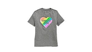 An Old Navy t-shirt with a rainbow pride heart on the front