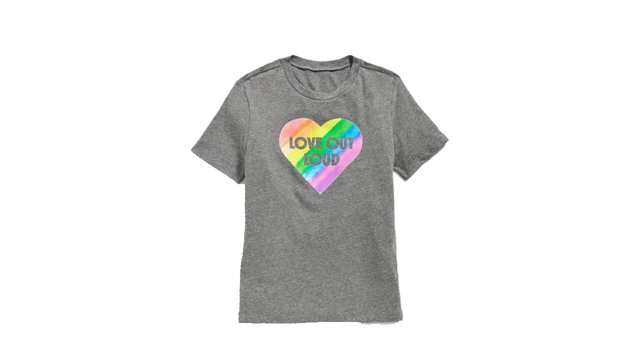 An Old Navy t-shirt with a rainbow pride heart on the front