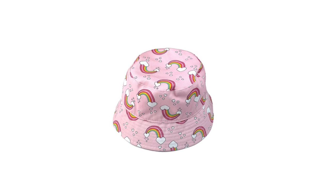 A pink bucket hat with rainbows from Appaman