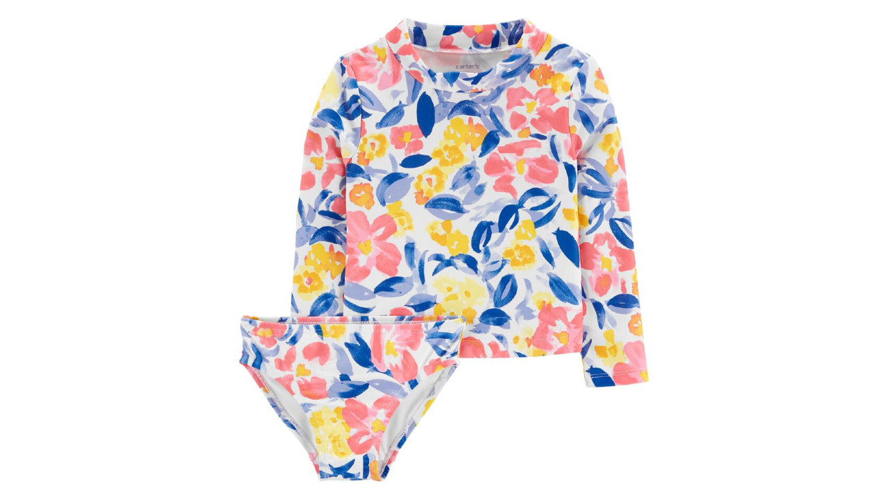 Rashguard with floral pink, blue, yellow and white design 