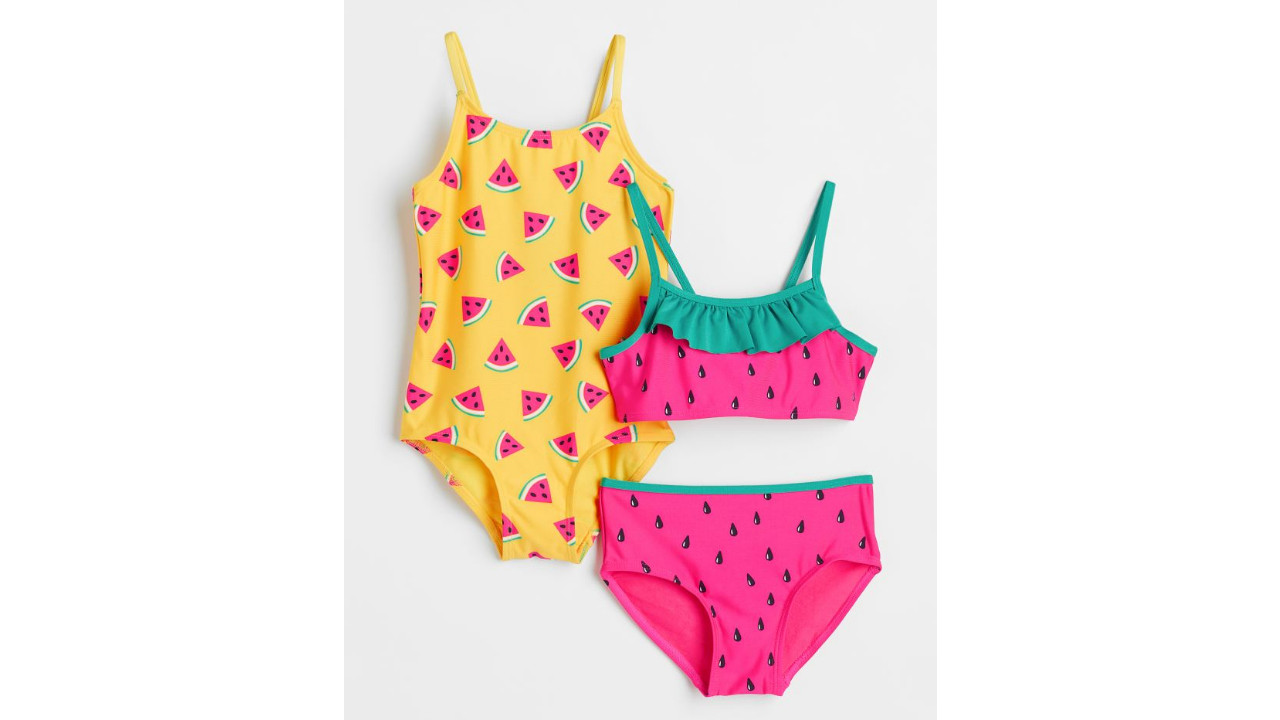 Watermelon design swim set in pink and yellow