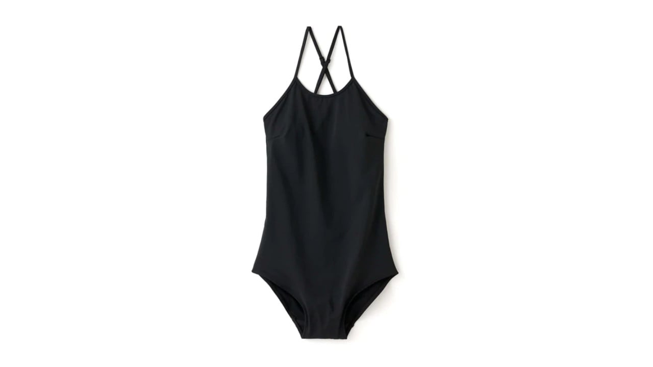 Black sleeveless one-piece swimsuit 