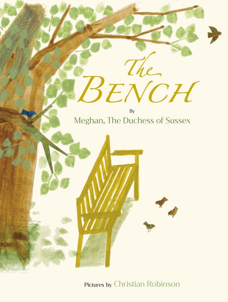 The cover of Meghan Markle's new book, The Bench, shows a bench under a tree with birds around it, with the credit Pictures by Christian Robinson