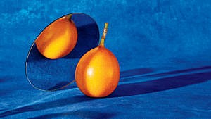 a photo of an orange in front of a mirror with a blue backdrop