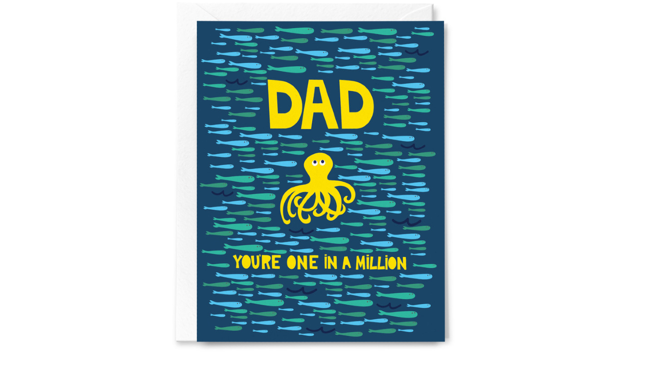 Cute graphic illustrated greeting card that says "Dad, you're one in a million"