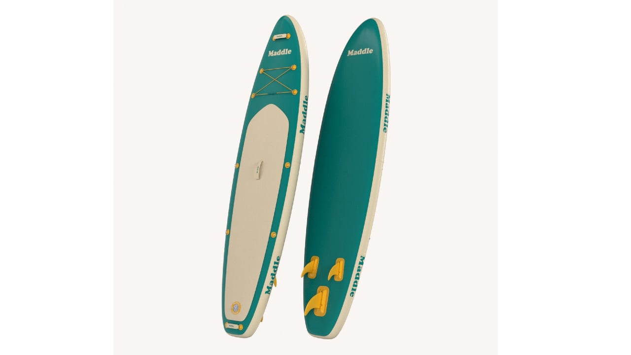 Front and back of a beige and turquoise coloured paddleboard 