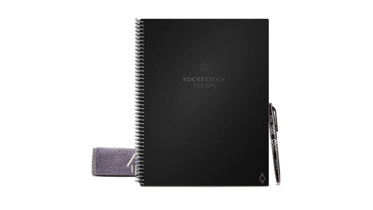 Black notebook with "Rocketbook Fusion" written on its cover and black pen