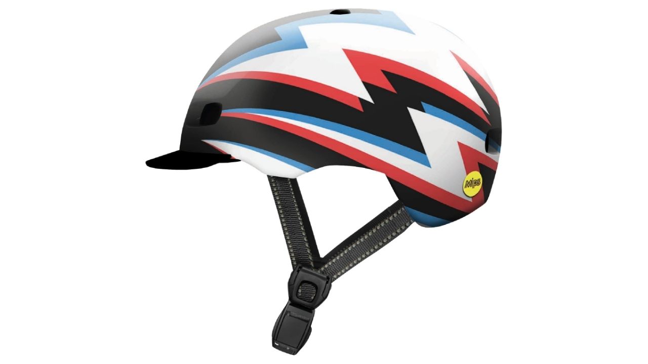 red, blue, white and black kids helmet