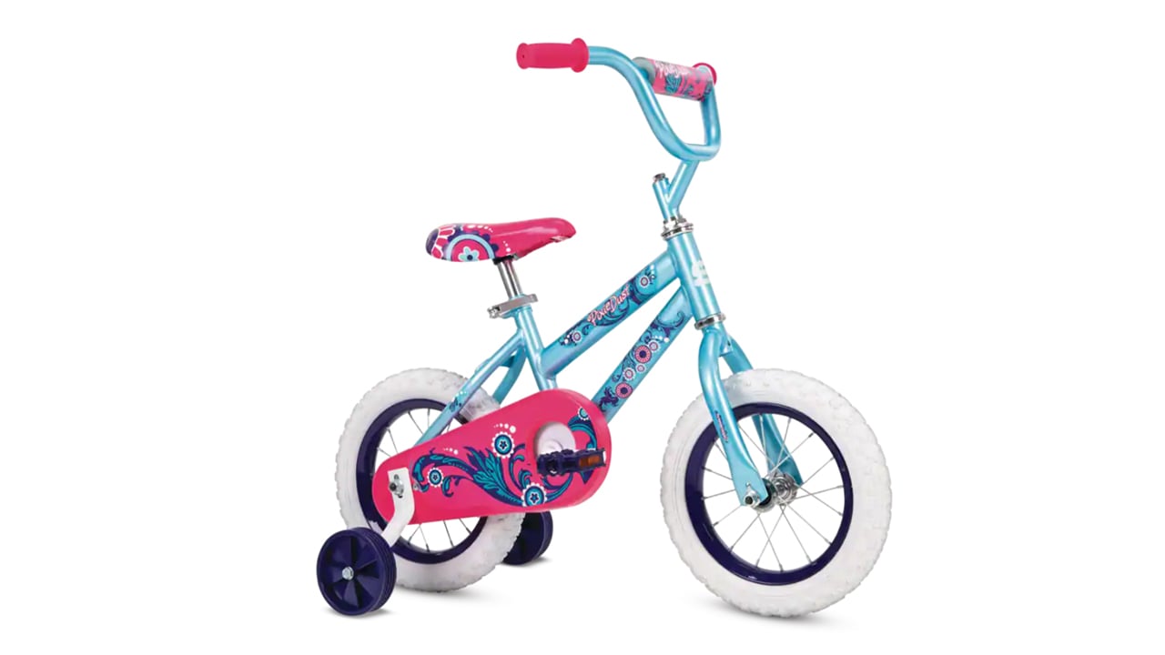 A baby blue and pink kids bicycle with training wheels
