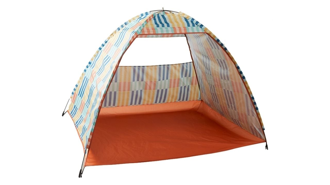 orange and blue striped beach tent