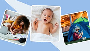 From left: child doing homework, baby in bed, child in tent with phone