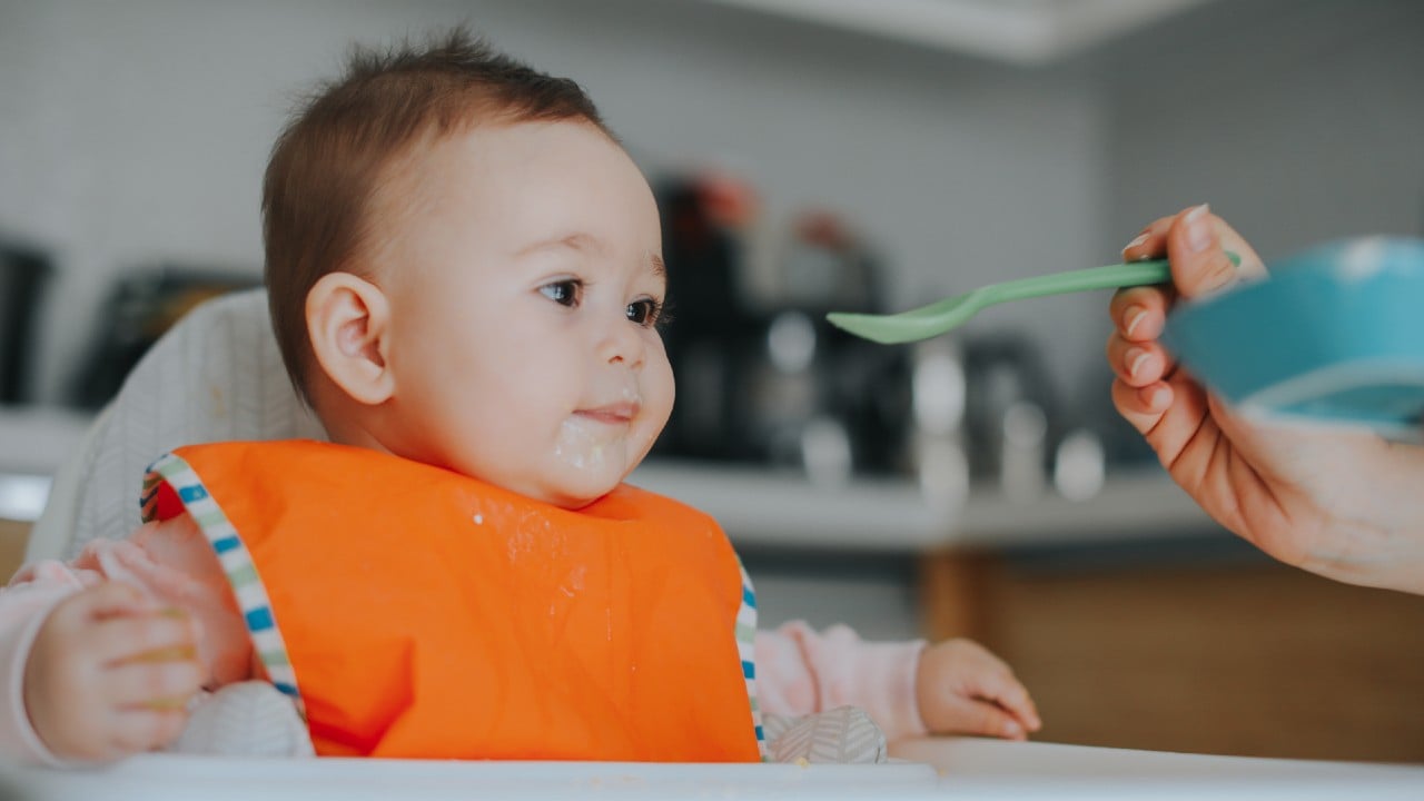a baby sits in a high chair wearing an orange bib and being fed baby food on a blue spoon