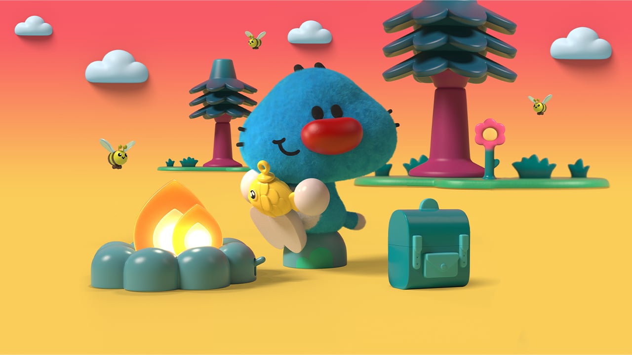 Still from Oggy Oggy showing a creature standing by a campfire