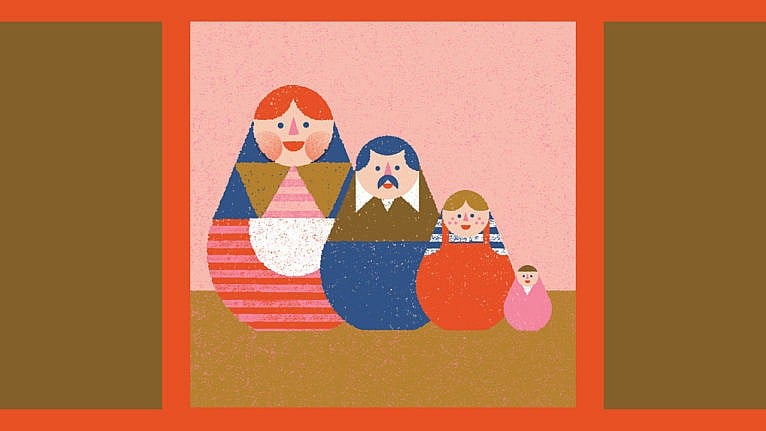 a coloured illustration of four russian dolls depicting a family with two parents and two kids