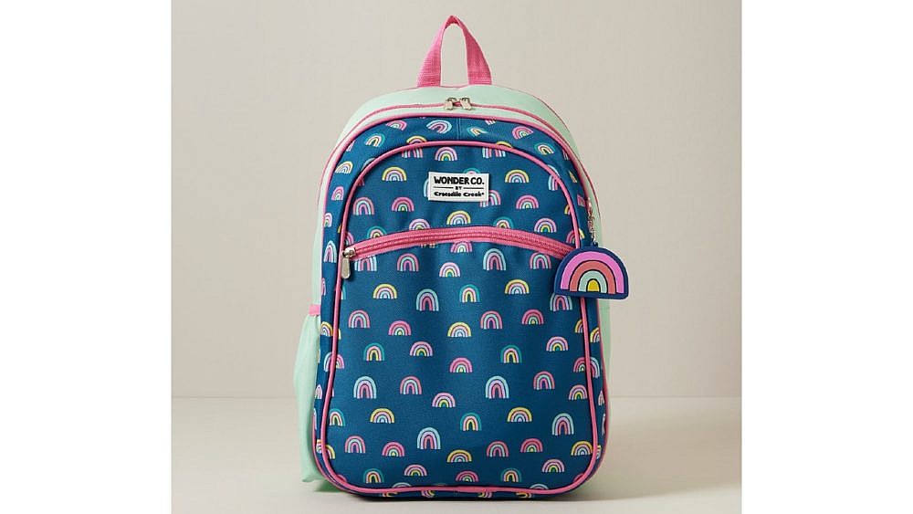 Blue backpack with rainbows
