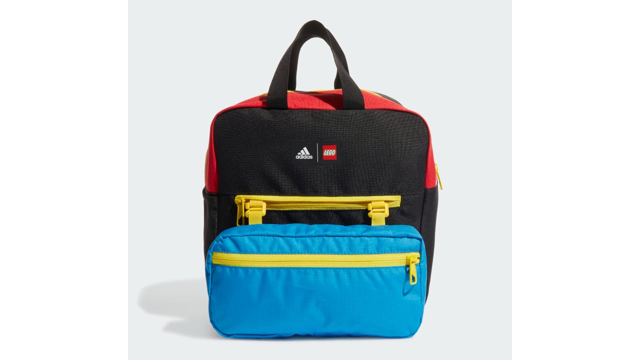 Black, red and blue colourblock backpack with yellow zippers