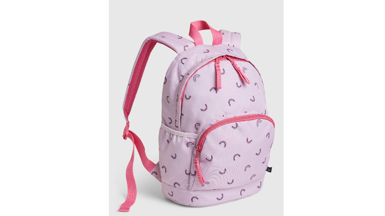 Pink backpack with dark pink rainbows