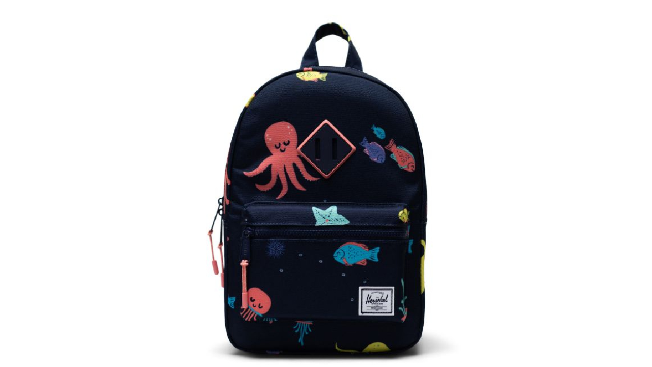 Black backpack with colourful sea creatures