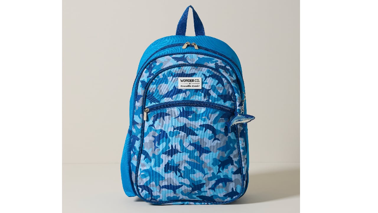 Blue backpack with camo shark print