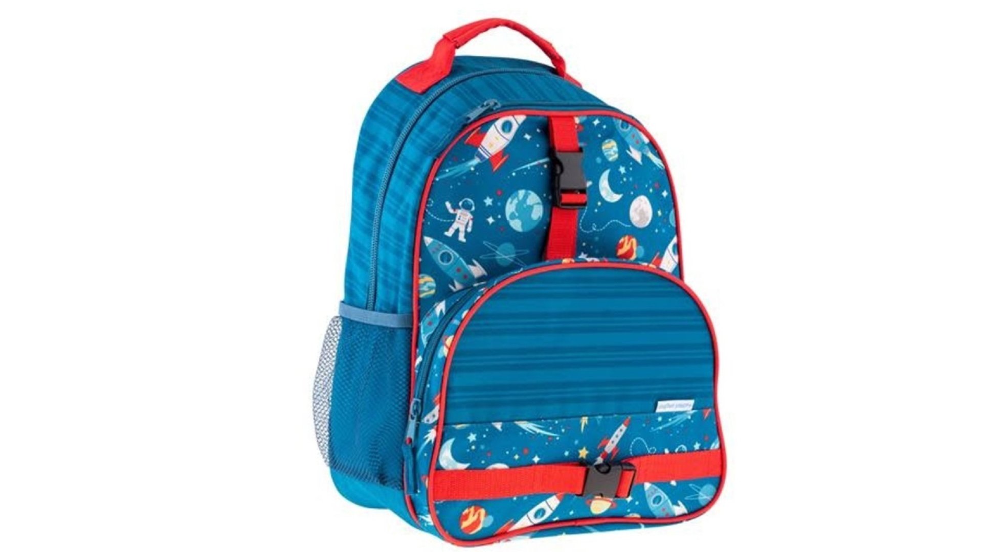 Blue backpack with red accents and space motif