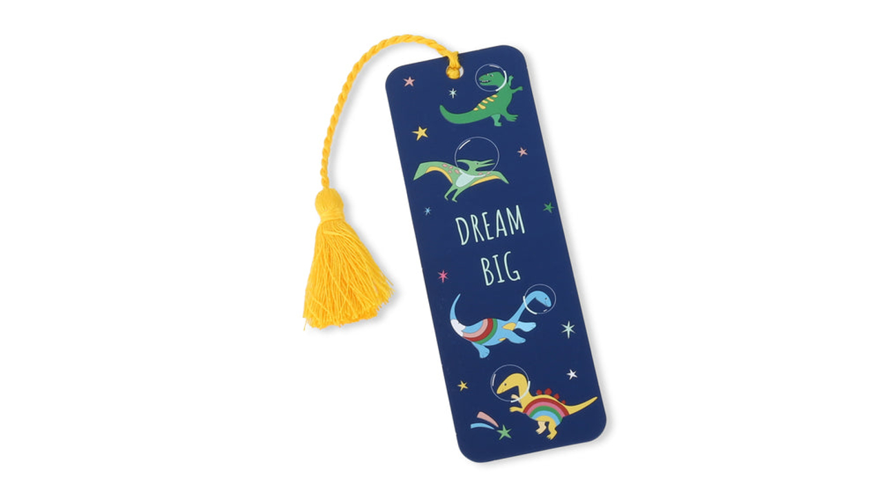Blue bookmark with dinosaurs in space and a yellow tassel 