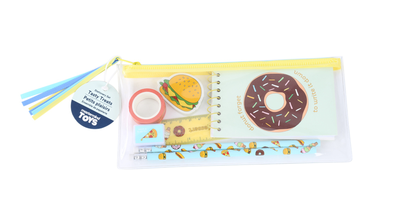 Foodie-themed stationary set with ruler, eraser, notebook, two pencils and tape