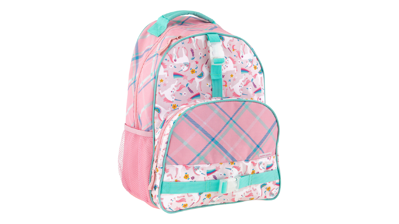 Pink backpack with unicorn motif and teal accents