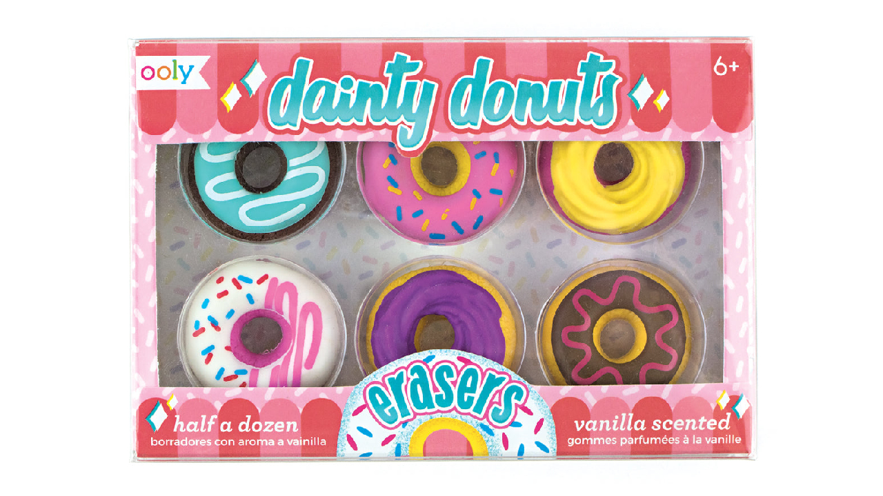 Six colourful erasers shaped as donuts