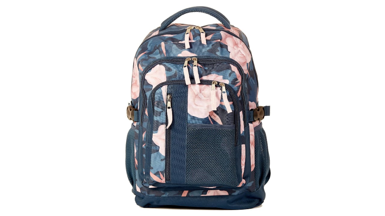 Navy and pink floral backpack