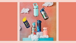 kids water bottles against a tie dye background with clouds