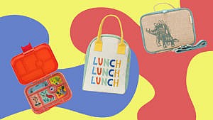 Three lunch bags and containers on a colourful background