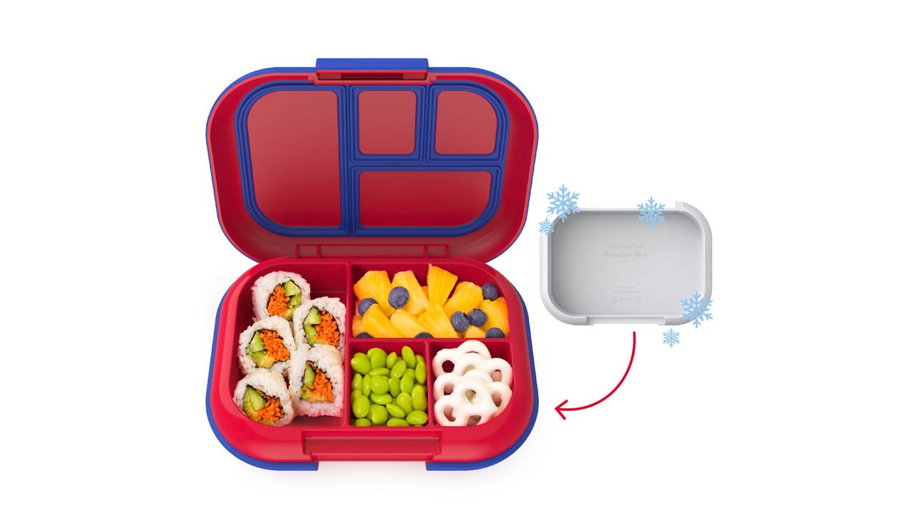 Red Bento box with four compartments and removable ice pack