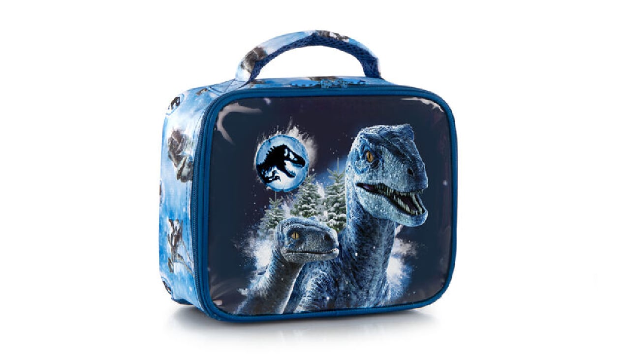 Blue lunch bag with Jurassic World dinosaurs and blue handel 