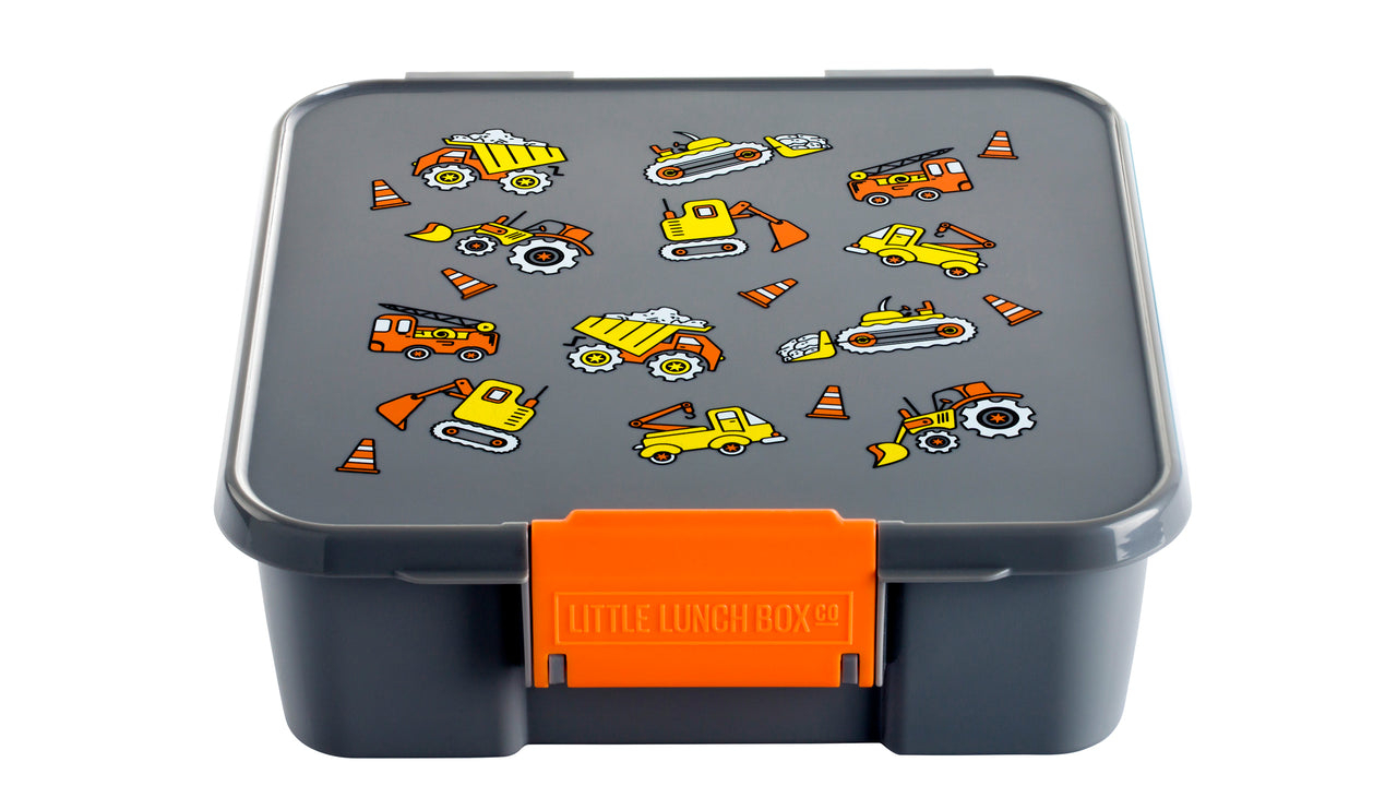 Grey five-compartment Bento box with orange accent and construction motif