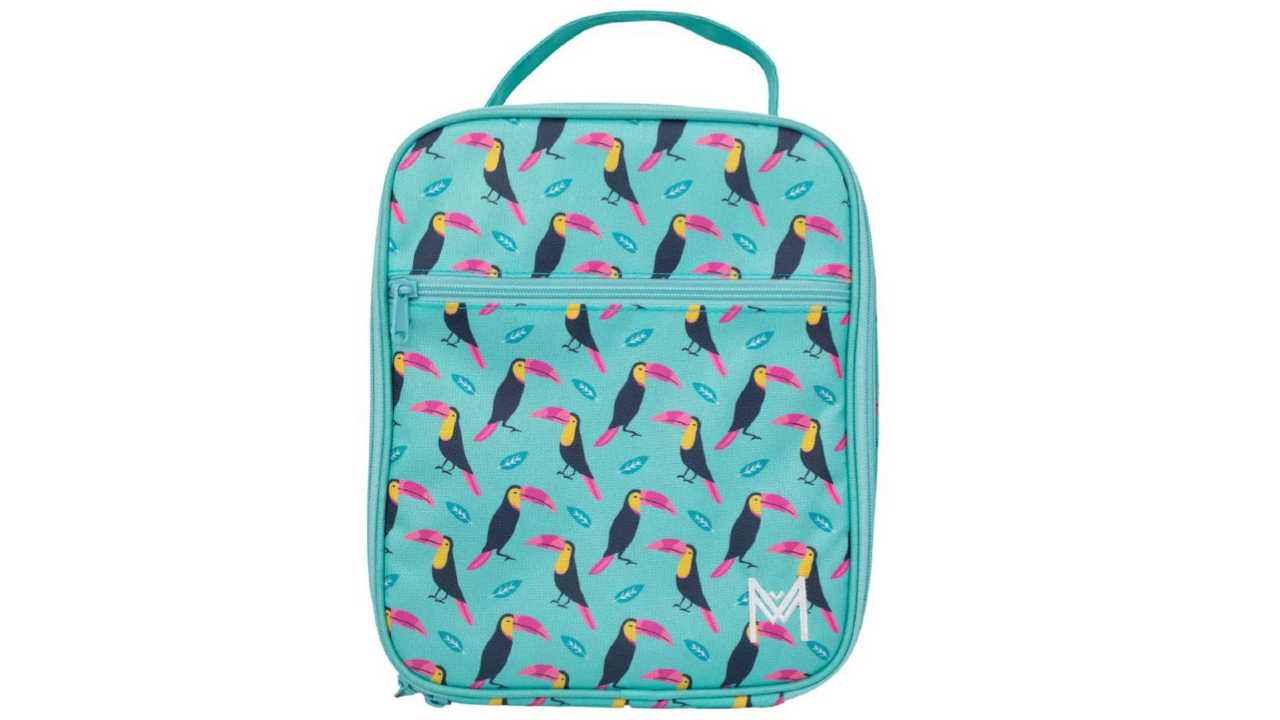 teal lunch bag with toucan design