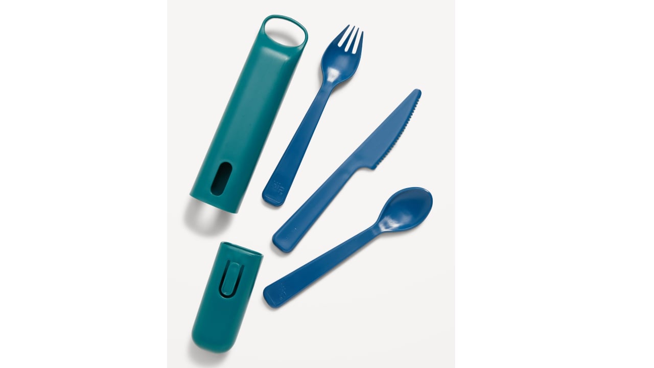 Blue fork, knife and spoon with a carrying container