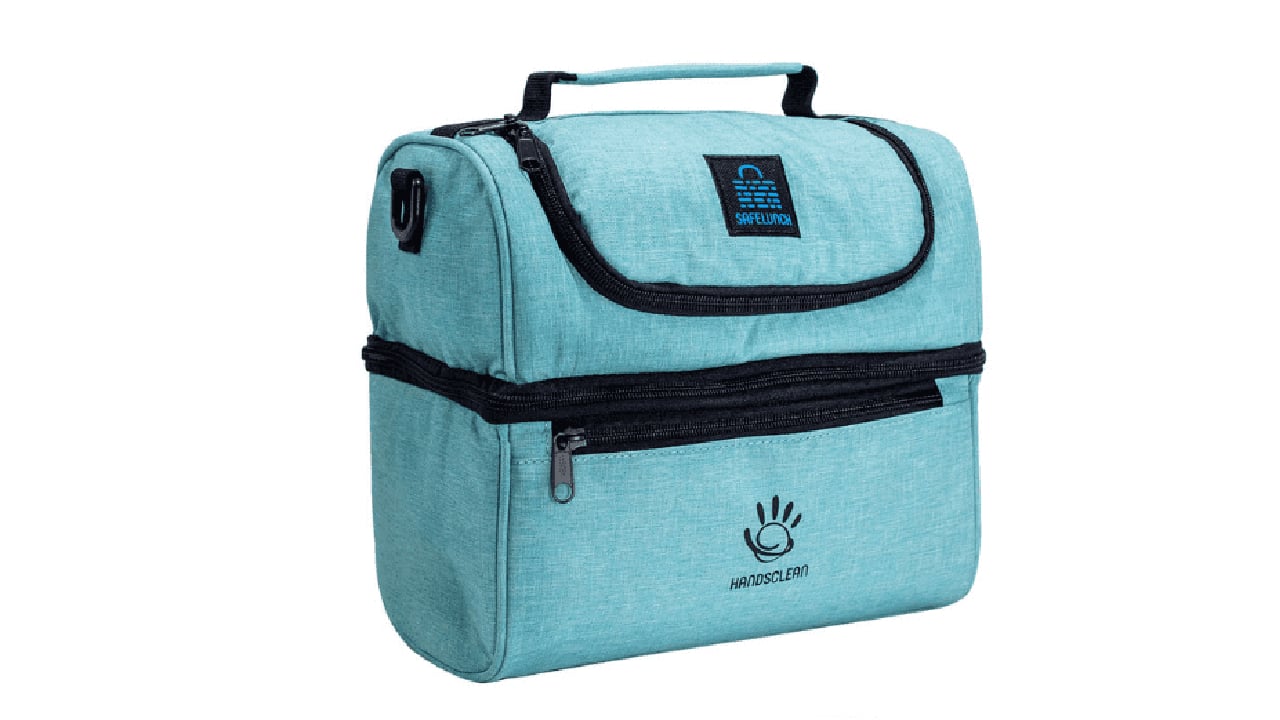 Teal lunch bag with handle and black zipper