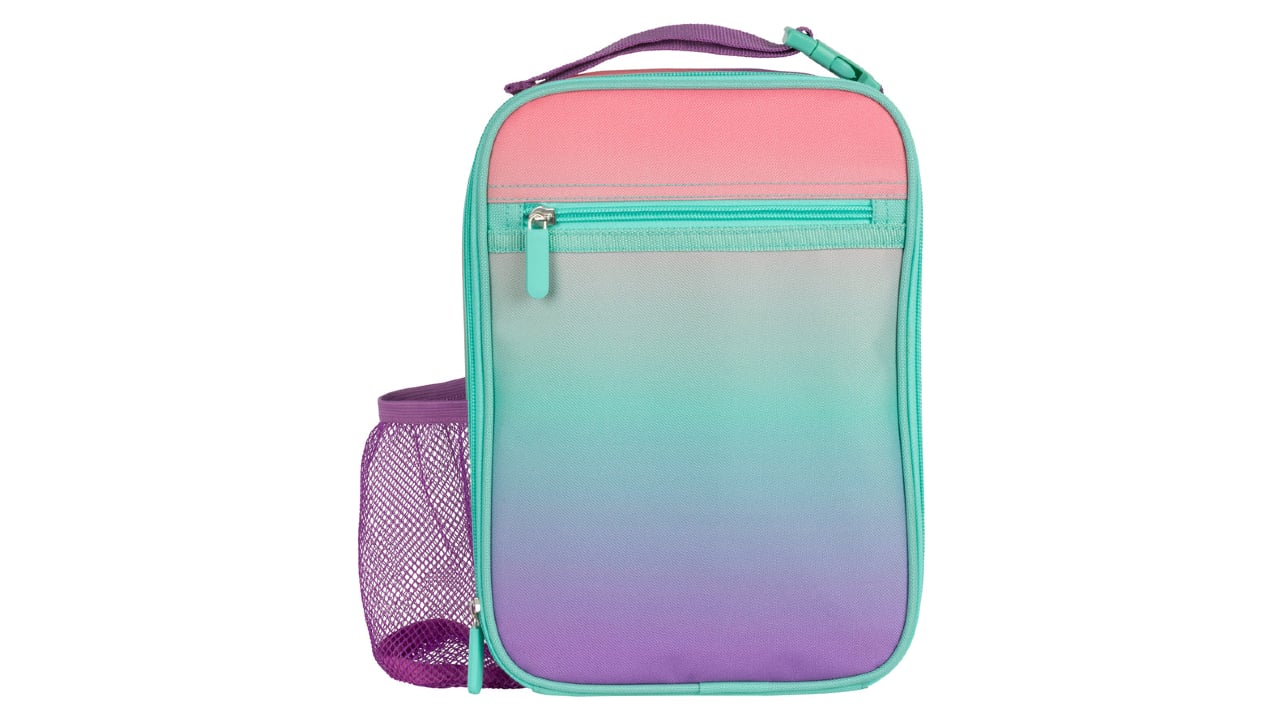 Pastel pink, teal and purple ombre lunch bag with water bottle holder
