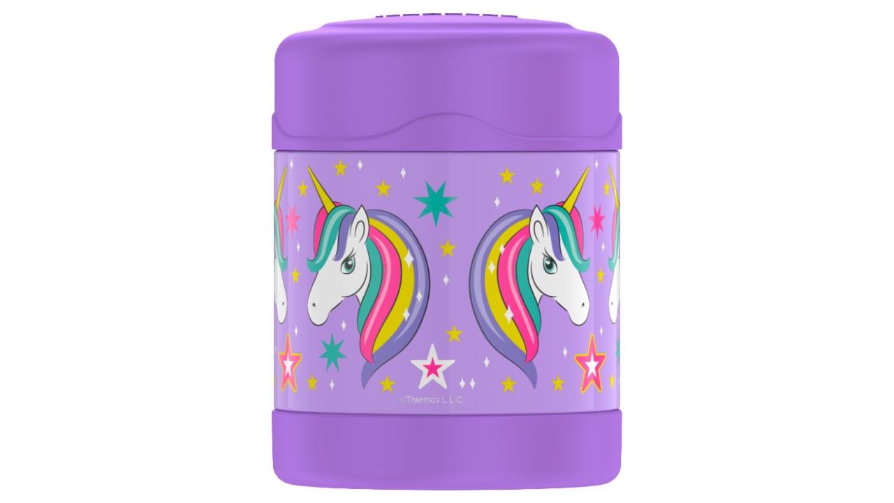 purple food jar with unicorns with colourful manes 