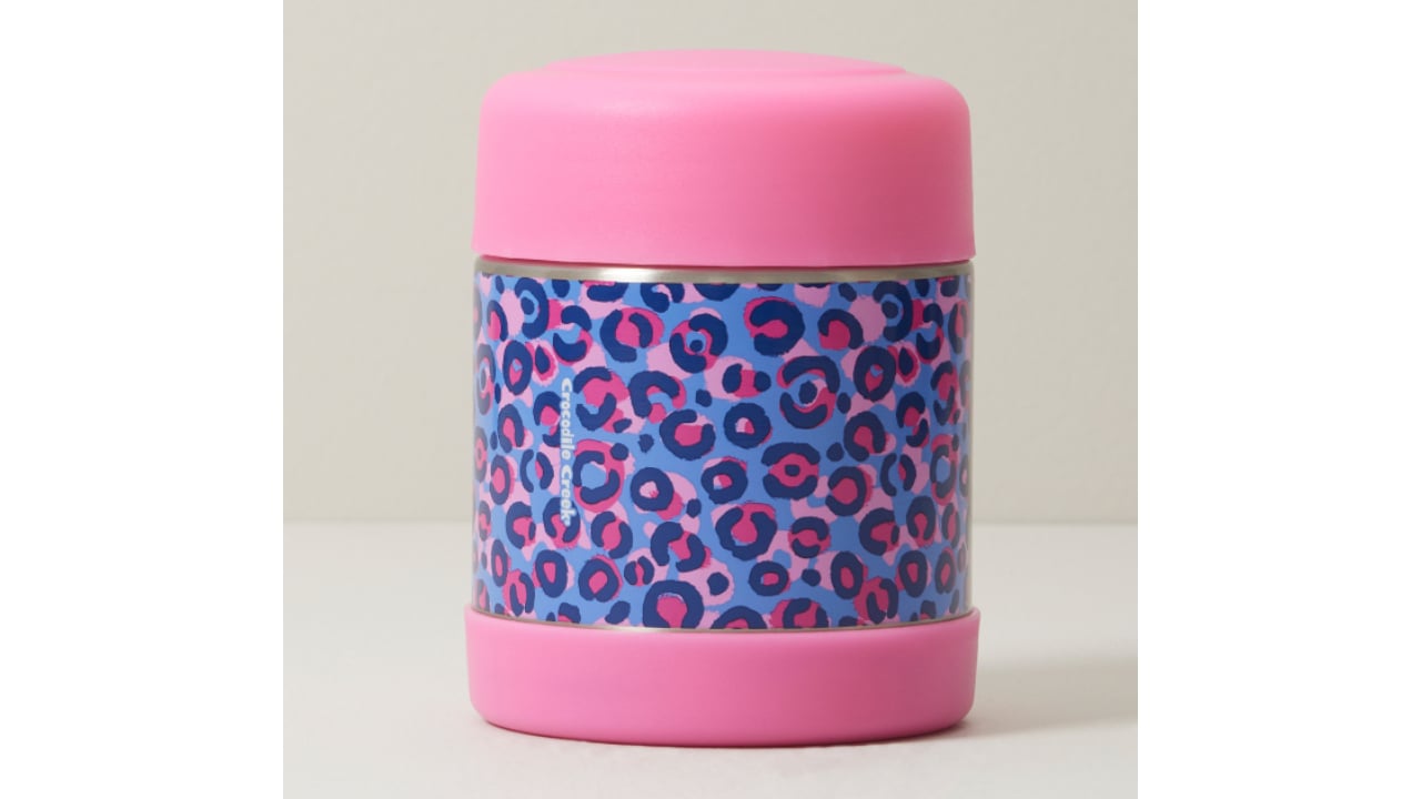 Pink, purple and blue cheetah-print food jar with a pink lid and base