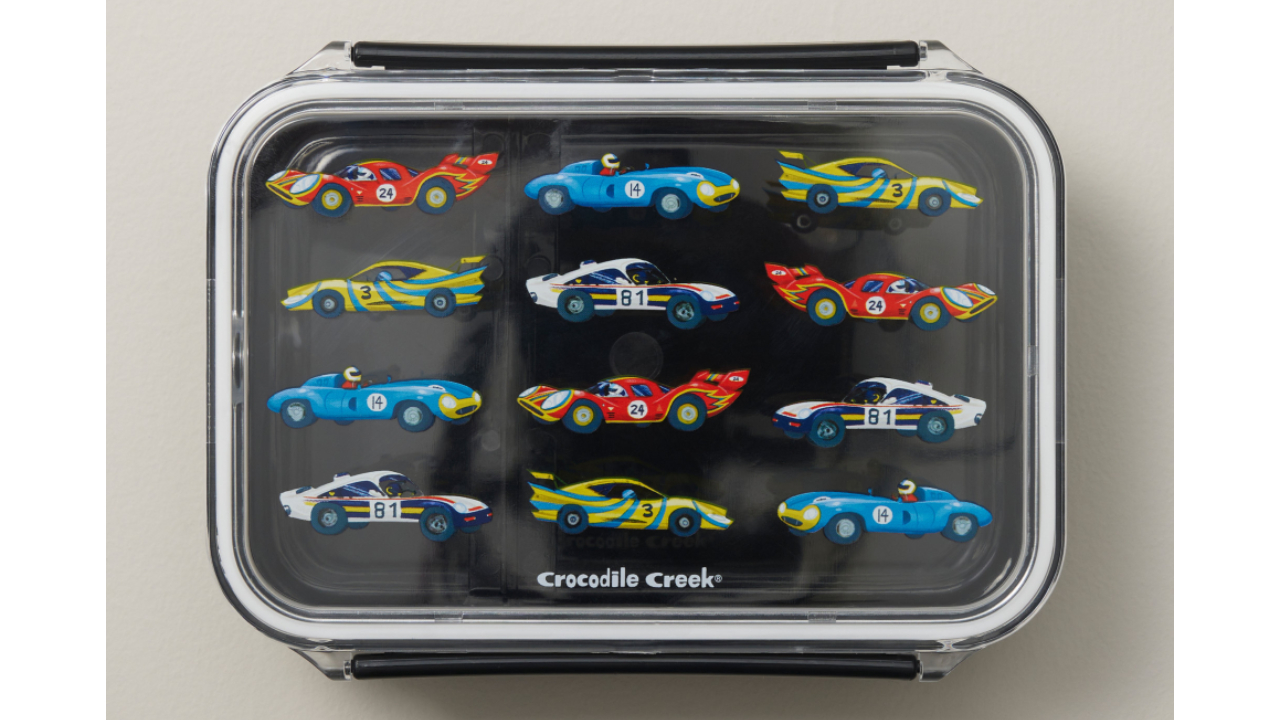 black bento box with colourful race cars