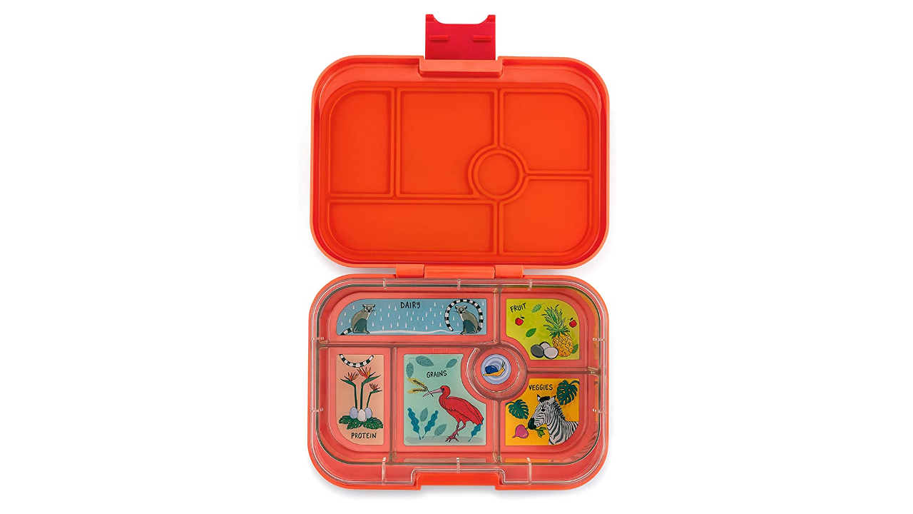 Orange bento box with safari-themed pictures and six compartments